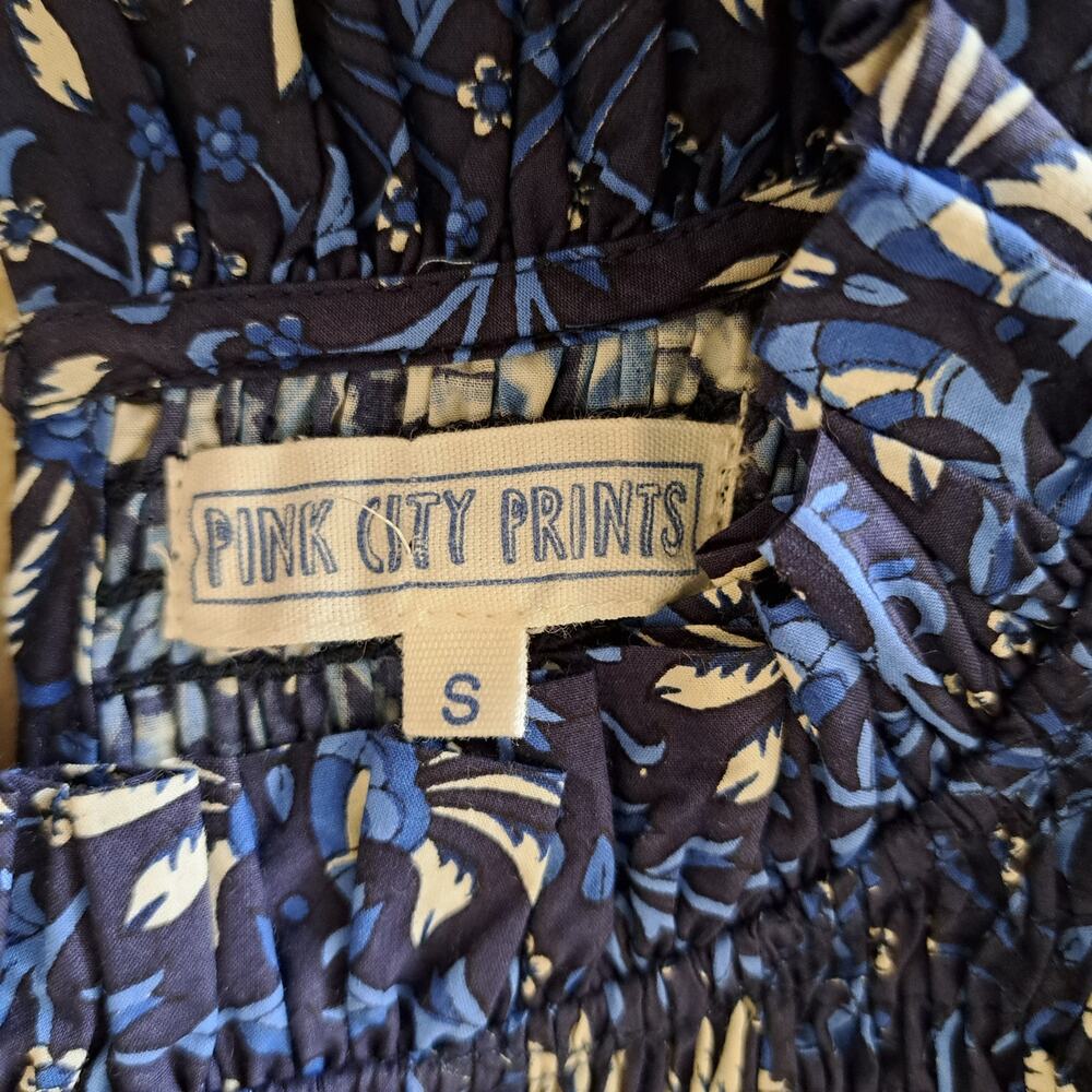 Pink City Prints Isabel Smocked Tiered Maxi Dress Small Midnight Vine Blue - Picture 7 of 10